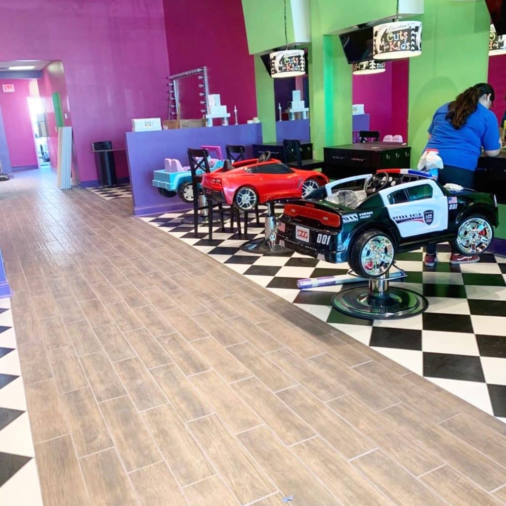 Colorful children's haircut salon interior