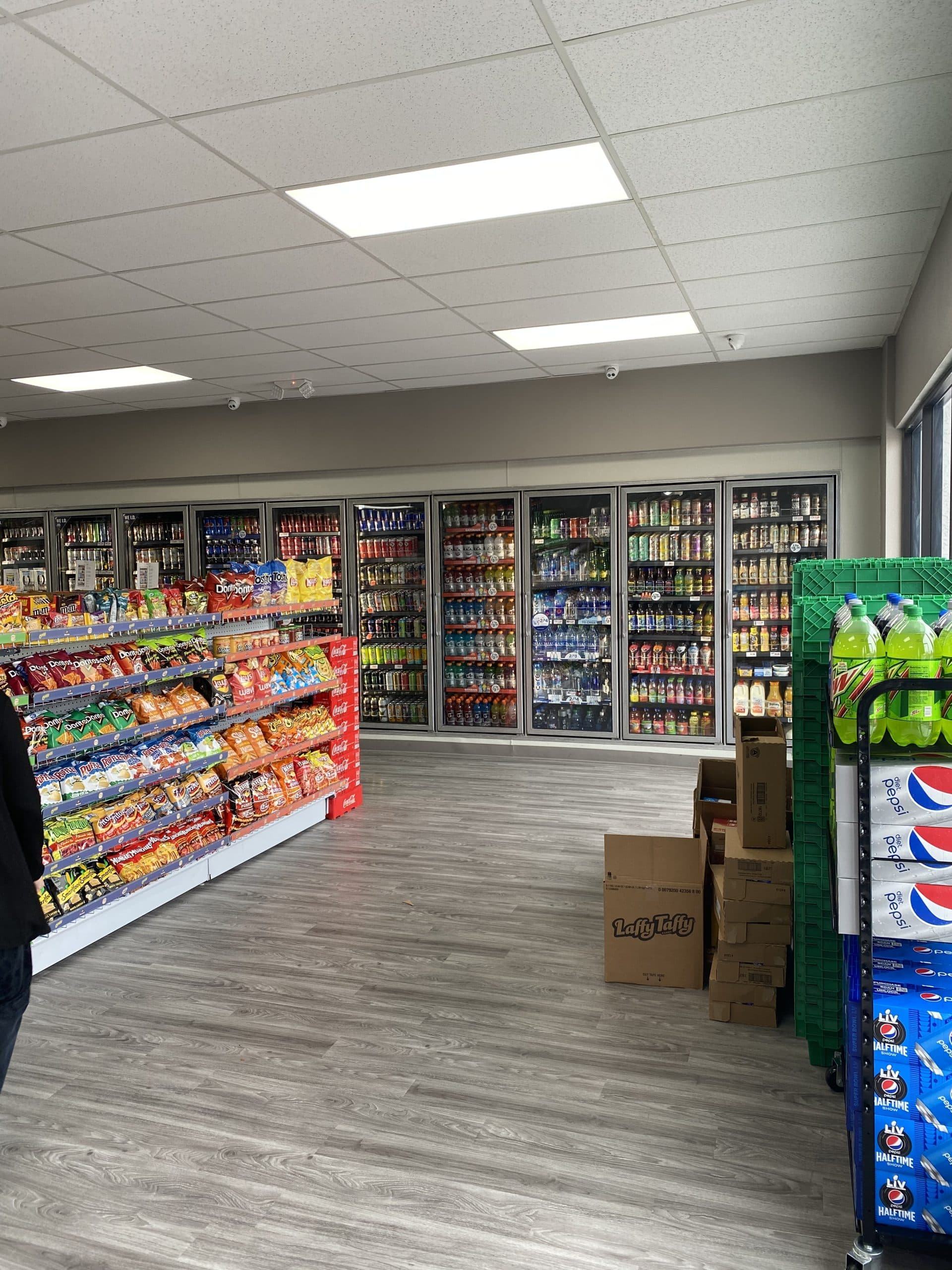 Bright convenience store with snacks and drinks