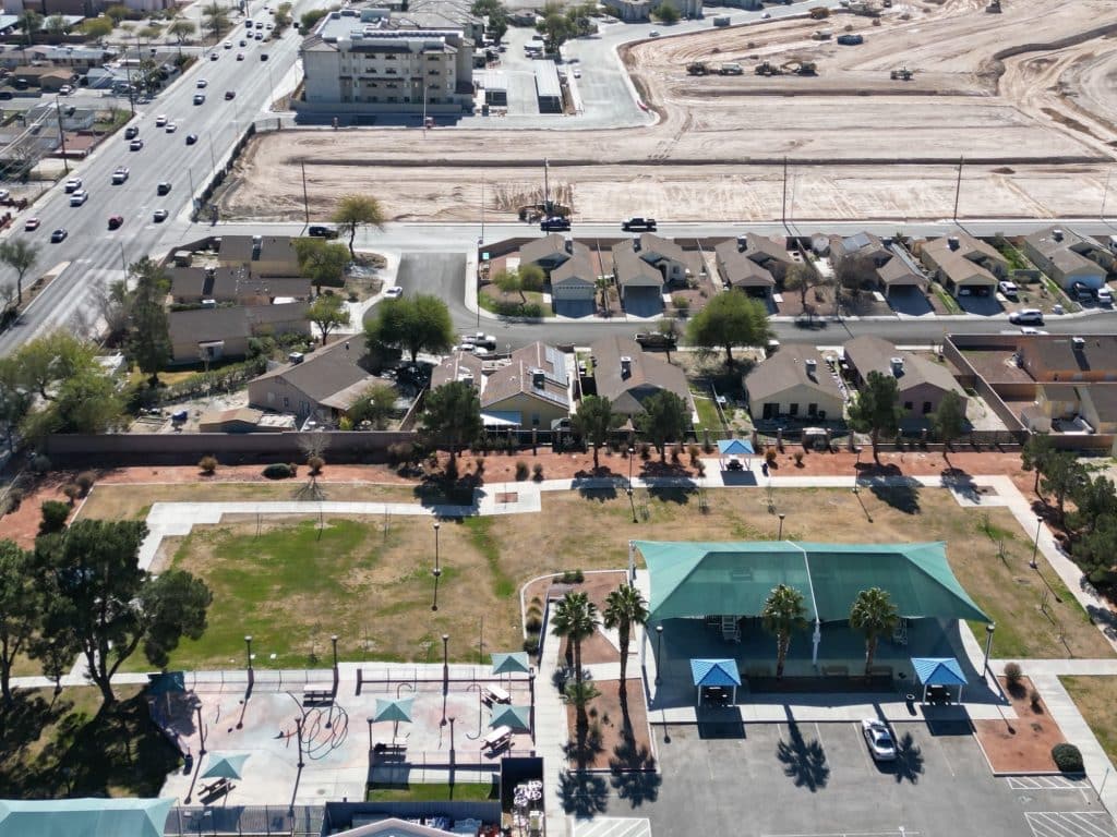 Aerial view of suburban neighborhood park.