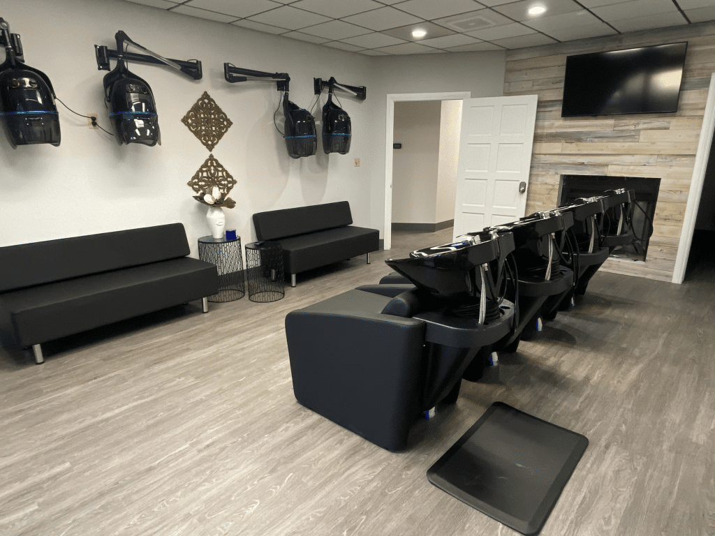 Modern salon interior with styling stations