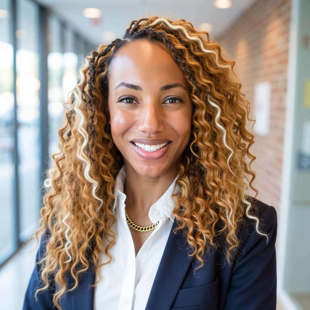 Person with curly hair in suit